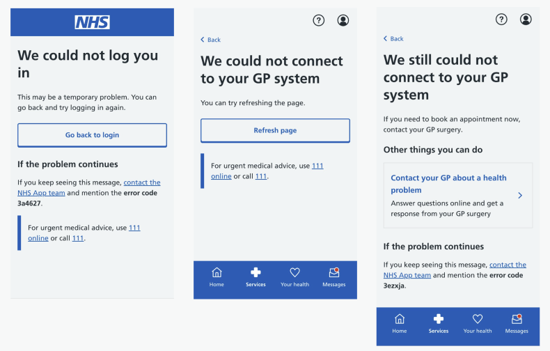 Screenshots of of the error pages designs we tested