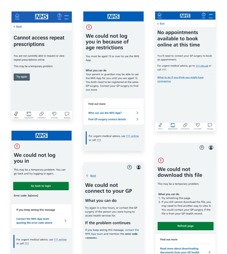 Screenshots of various error pages used across the NHS App