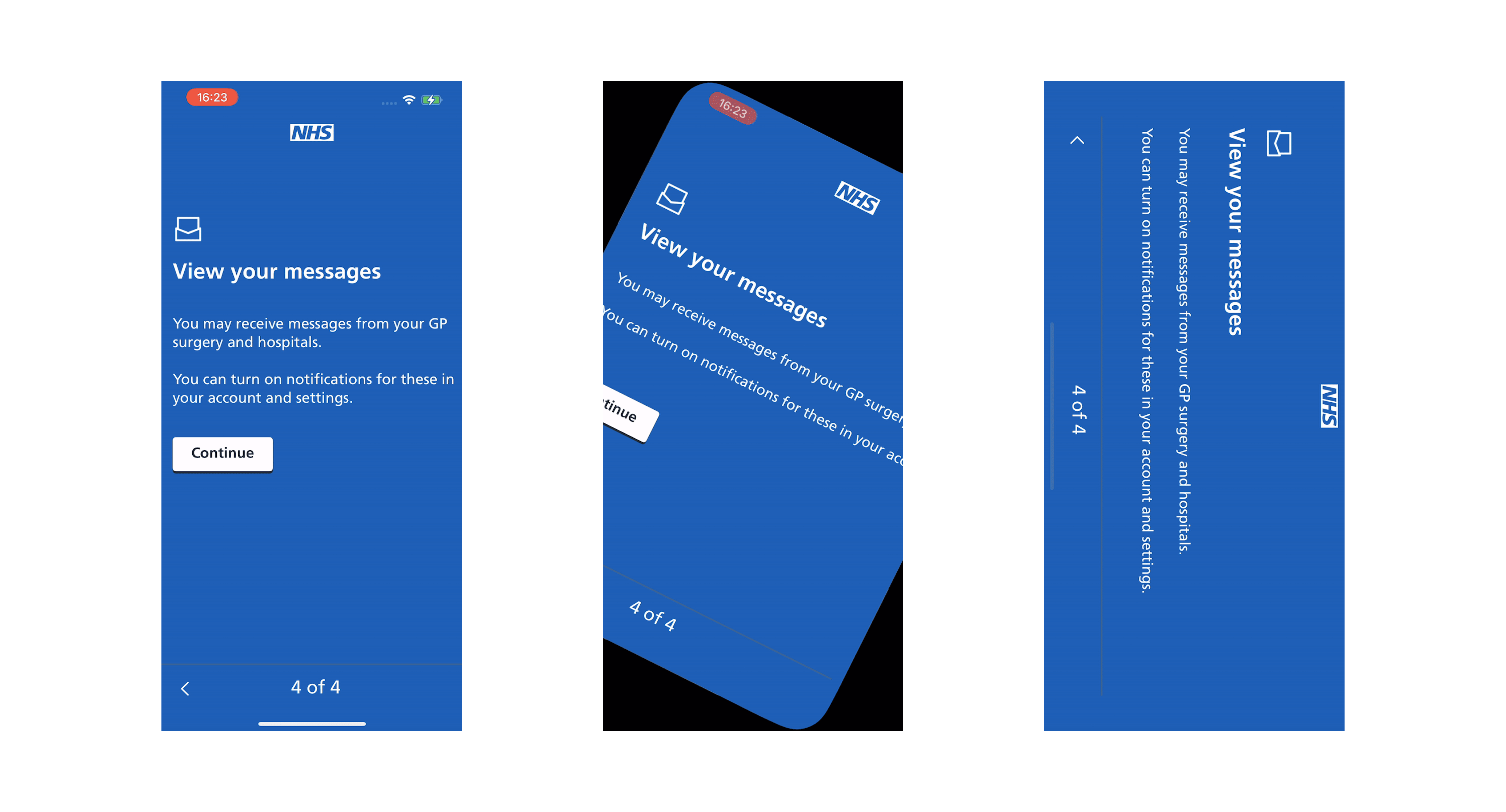 Three NHS App screens showing the “View your messages” onboarding step in portrait, tilted, and landscape orientations.