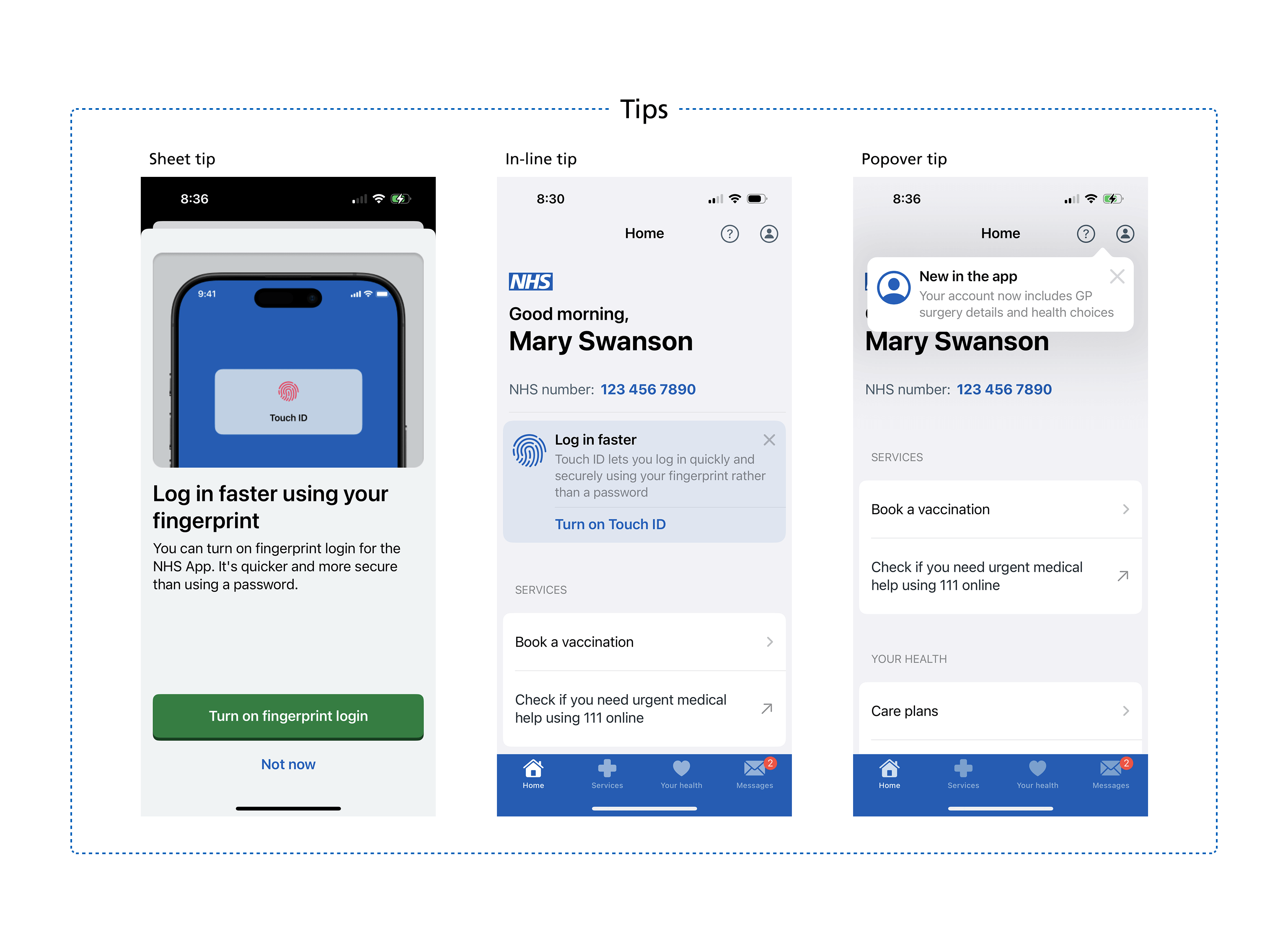 Three NHS App screens showing fingerprint login tips in sheet, in-line, and popover formats.