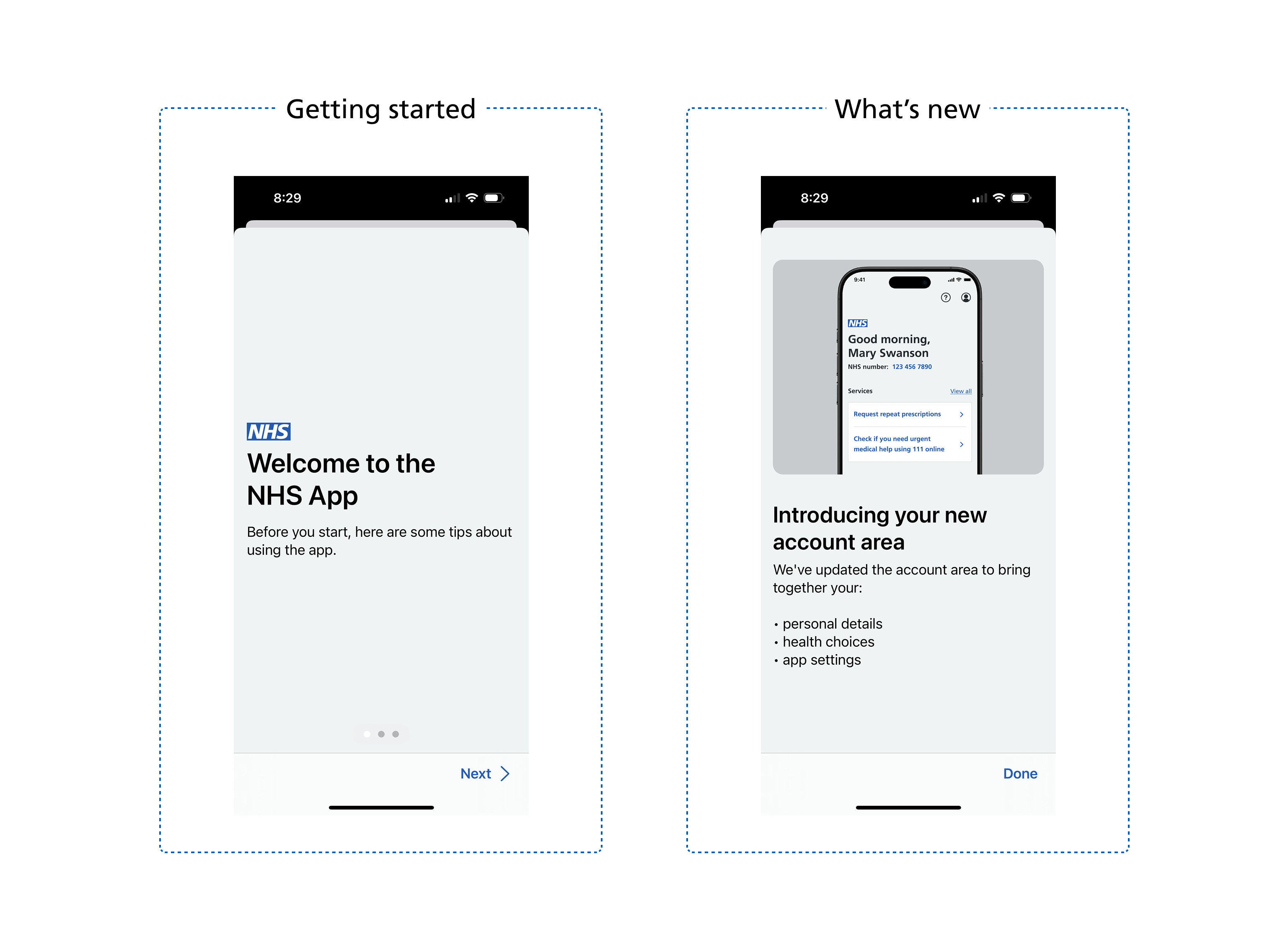 Two NHS App onboarding screens: one welcoming users, and one introducing a new account area.