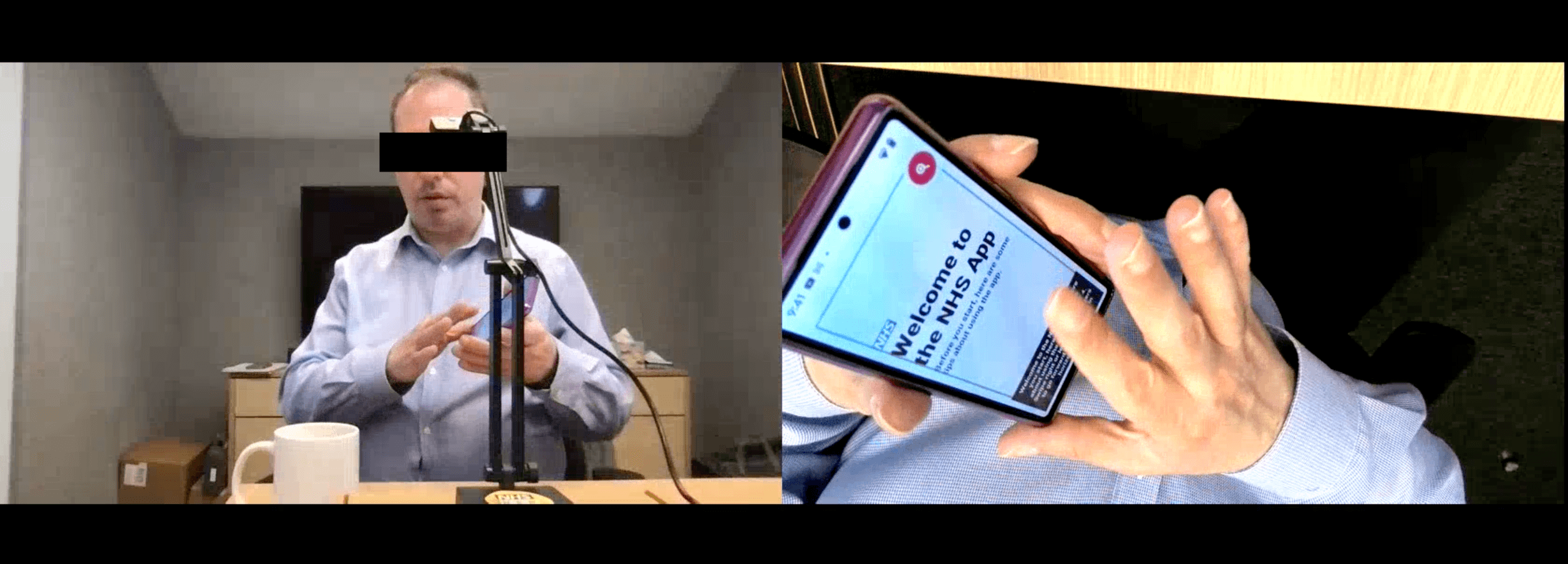 A man interacts with the NHS App on his phone during a usability test, with a close-up of the screen.