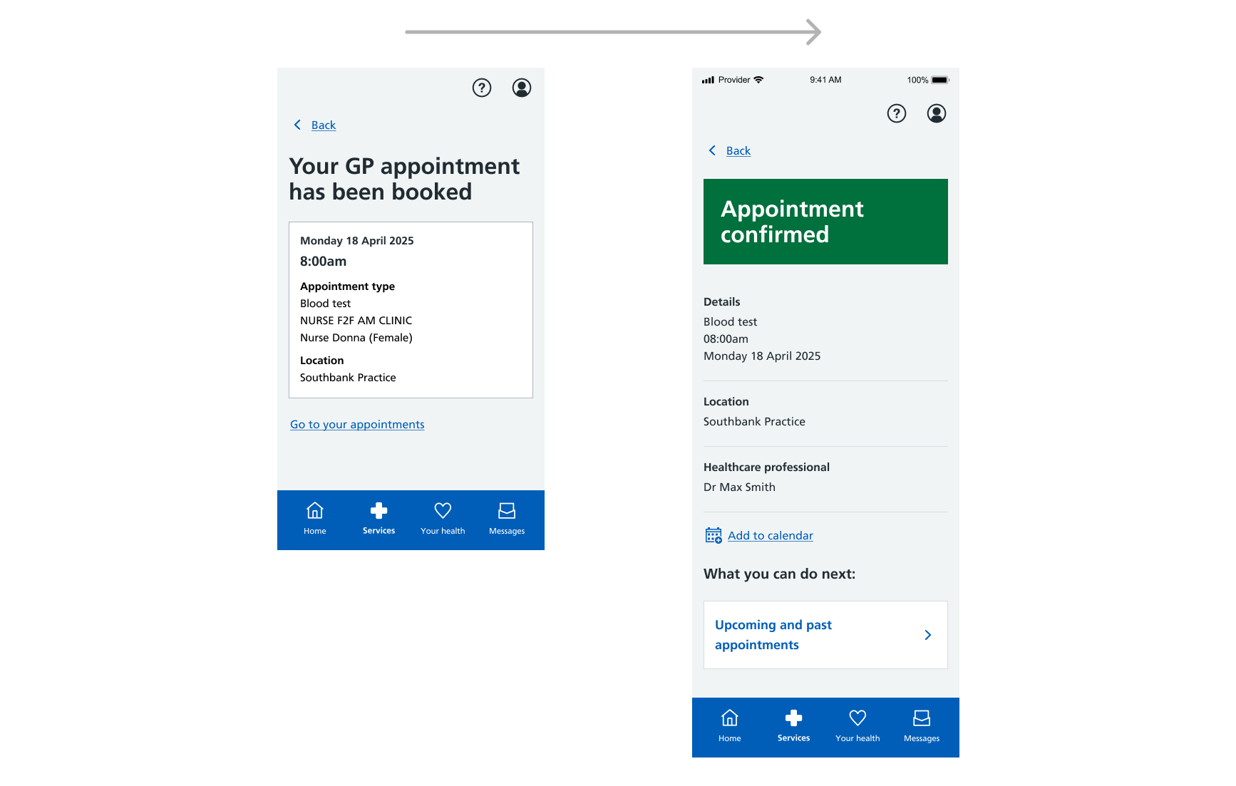 Two screenshots showing the new GP appointment booking start page