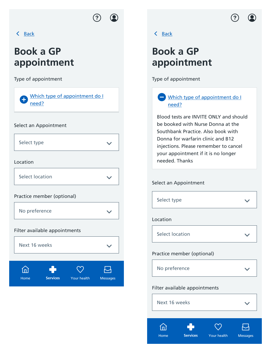 Two screenshots showing the old appiontment booking guidance on the 'Book a GP appointment' screen