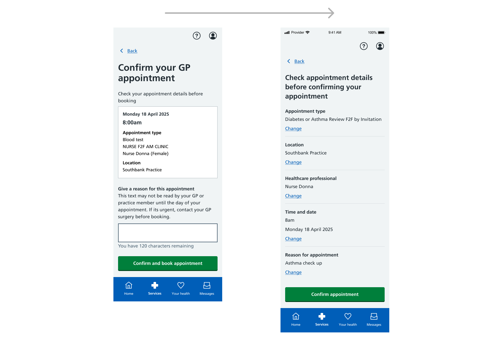 Two screenshots showing the new GP appointment booking start page