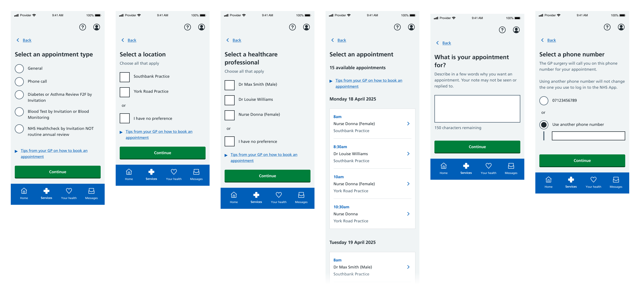 Two screenshots showing the new GP appointment booking start page