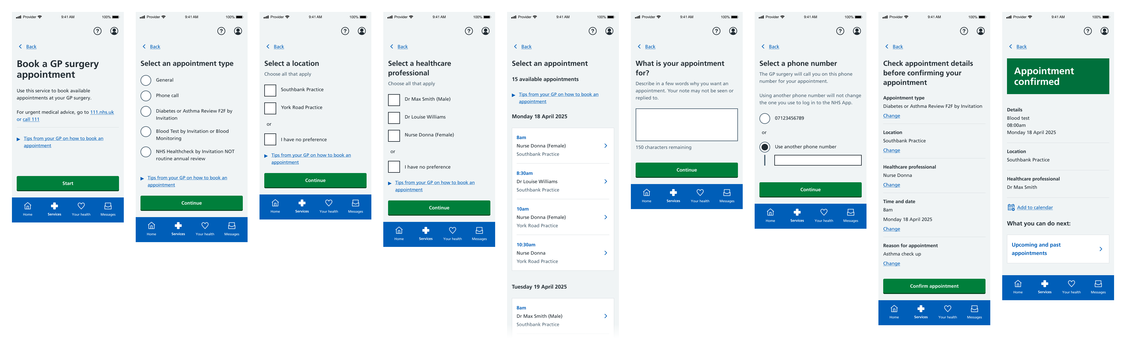 Two screenshots showing the new GP appointment booking start page