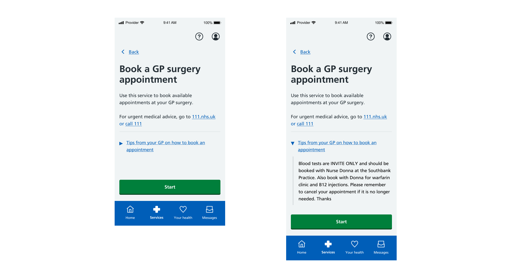 Two screenshots showing the new GP appointment booking start page