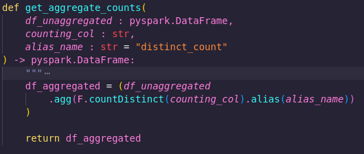 screenshot showing the python code of a function called get_aggregate_counts. It takes a parameter called "counting_col" which is used in the function.