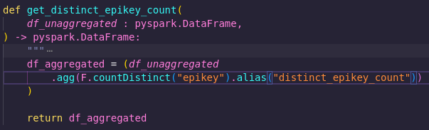 screenshot showing the python code of a function called get_distinct_epikey_count. It only takes a dataframe as a parameter.