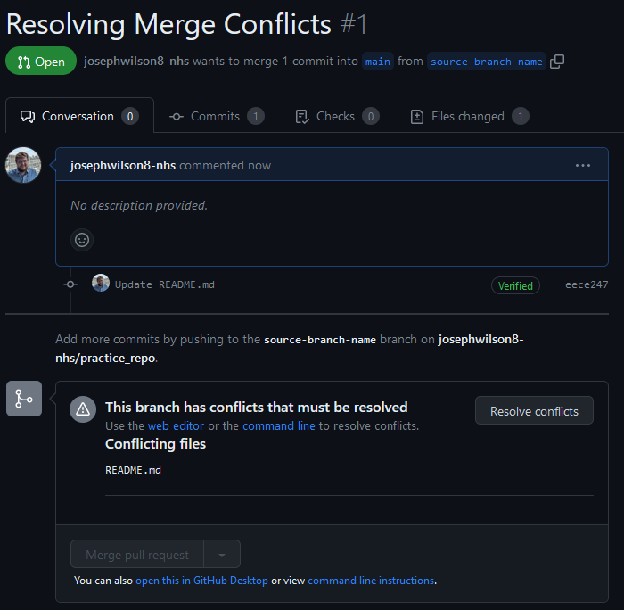 A conflicting Pull Request will have a message towards the bottom detailing the merge health. In this image it is showing a conflict in the README.md file.