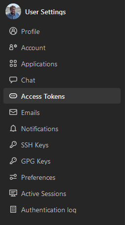 User Settings sidebar menu with the Access Tokens option highlighted