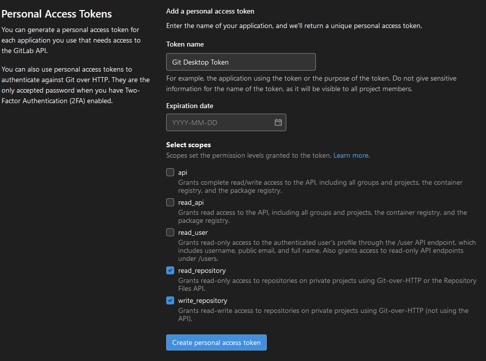 GitLab token creation page with suggested values from previous steps filed out