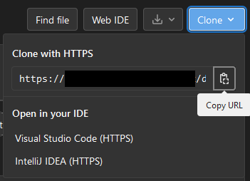 Clone menu on a repository showing the HTTPS URL shown. The remote HTTPs URL is copied.