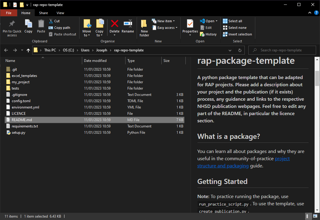 Windows Explorer view of the repo that we have created. Note: the view hidden files setting has been selected, showing the .git folder, and an extension is used to render the markdown in the preview.