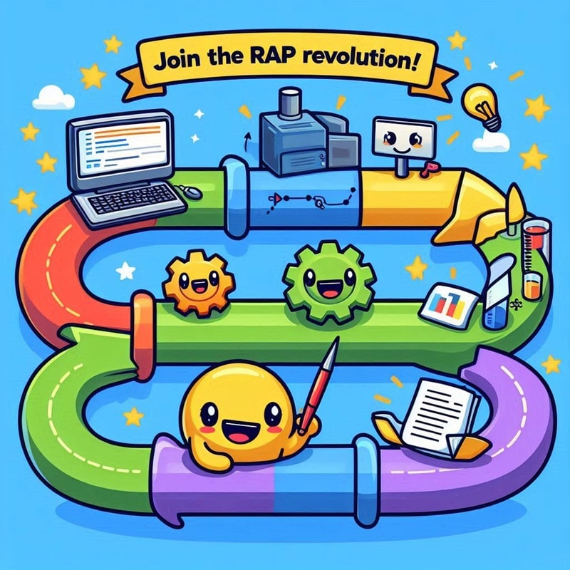 Cartoon of a colourful pipe with charts, cogs, and smiley emojis along it, with the message 'Join the RAP Revolution!' at the top