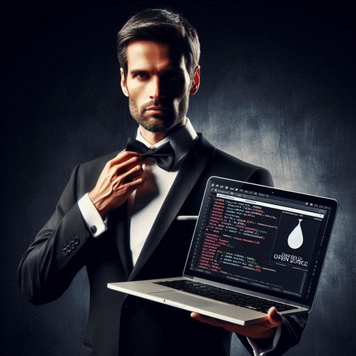 Image of a suave, James Bond style man in a tuxedo. He is holding out a laptop with computer code on it