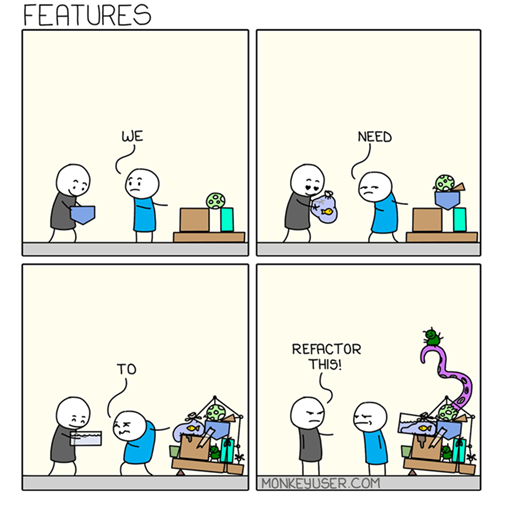 A cartoon from monkeyuser.com showing poorly stacked blocks, representing code that needs refactoring