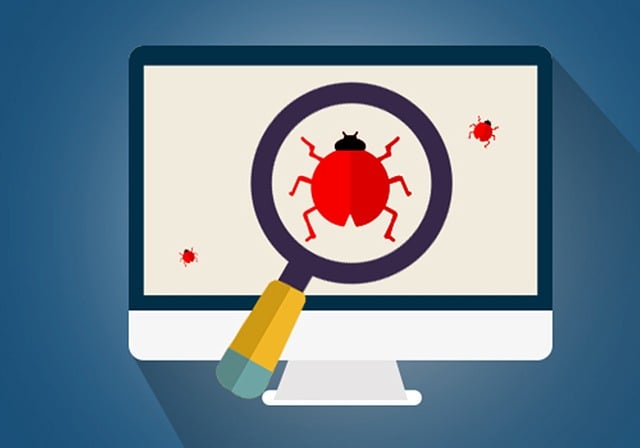 illustration of a computer monitor with a magnifying glass over it, revealing a bug